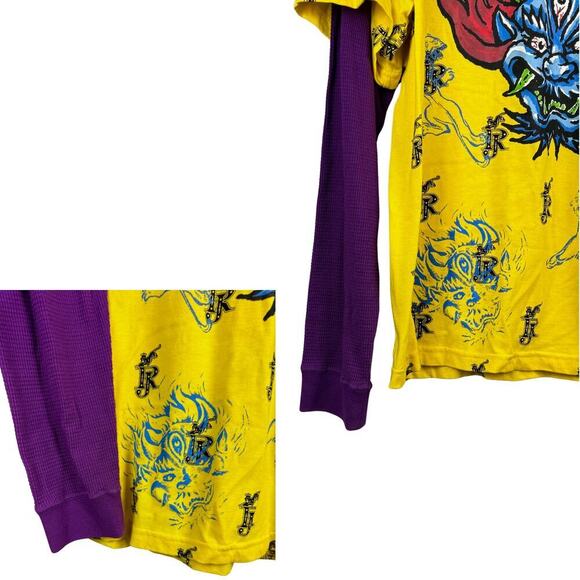 Request T-Shirt Mens XL Vibrant Yellow Crew Layered Long Sleeves Demon Eyes - Picture 4 of 8